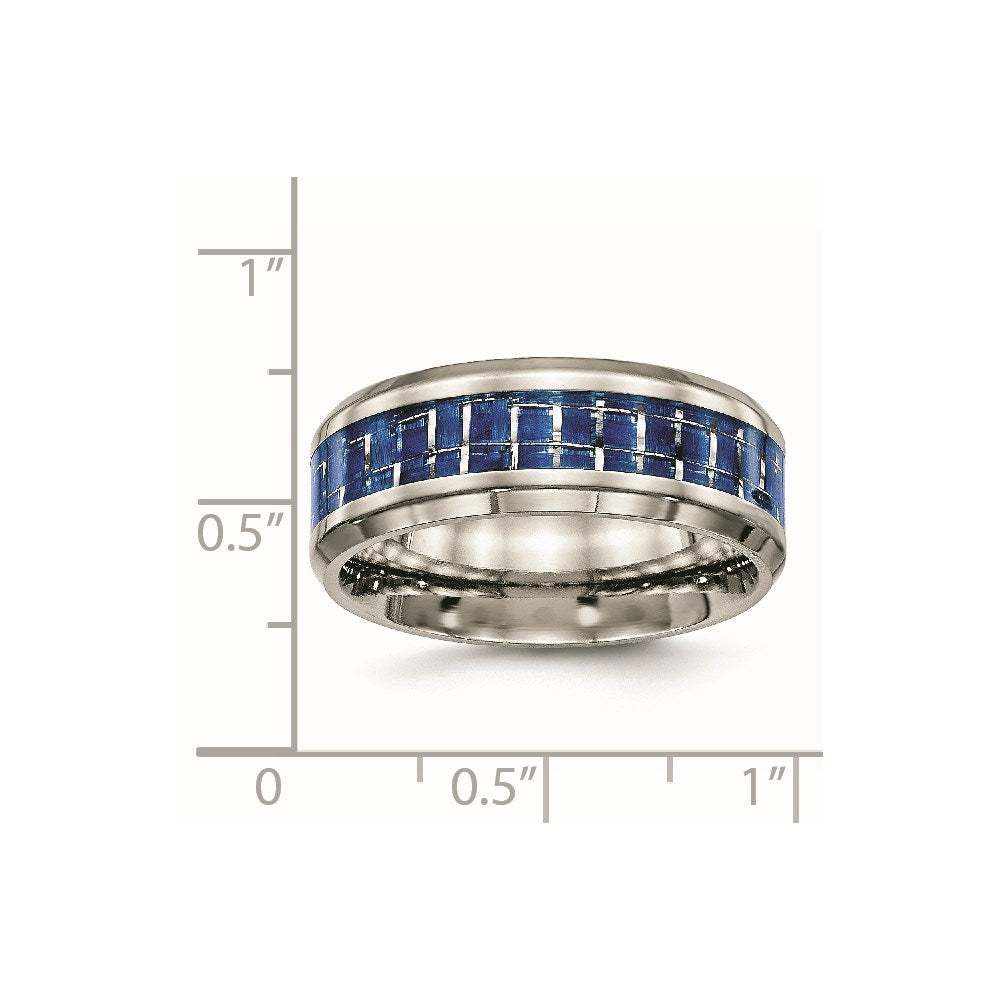 Titanium Polished with Blue/White Carbon Fiber Inlay 8mm Ring Size - 8.5