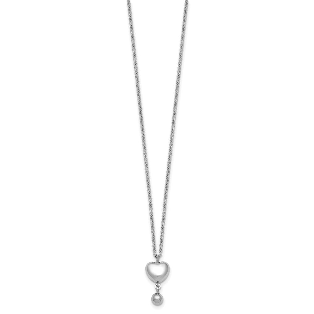 Sterling Silver Rhodium-plated Polished Puffed Heart and Ball Dangle 16 inch with 1 inch Extender Necklace 16 Inches