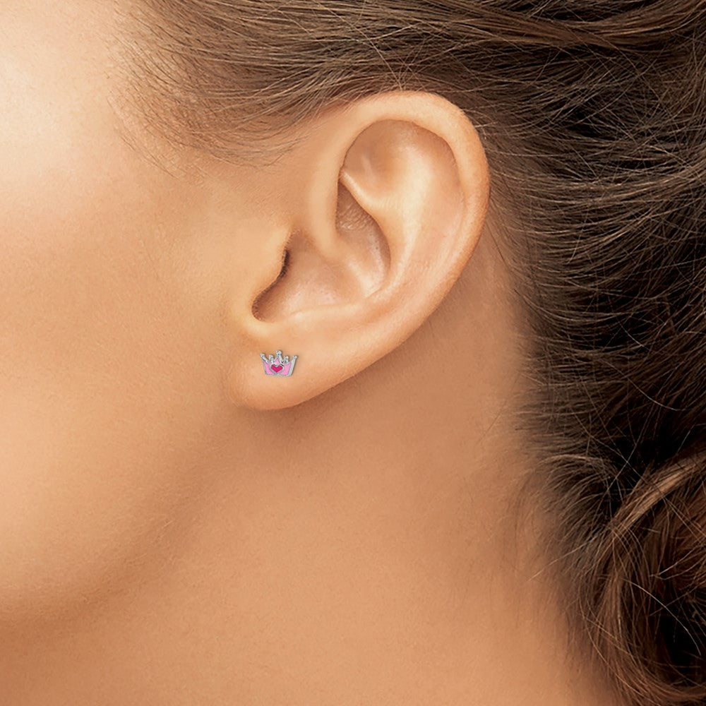 Sterling Silver Rhodium-plated Polished & Pink Enameled Heart Crown Children's Post Earrings