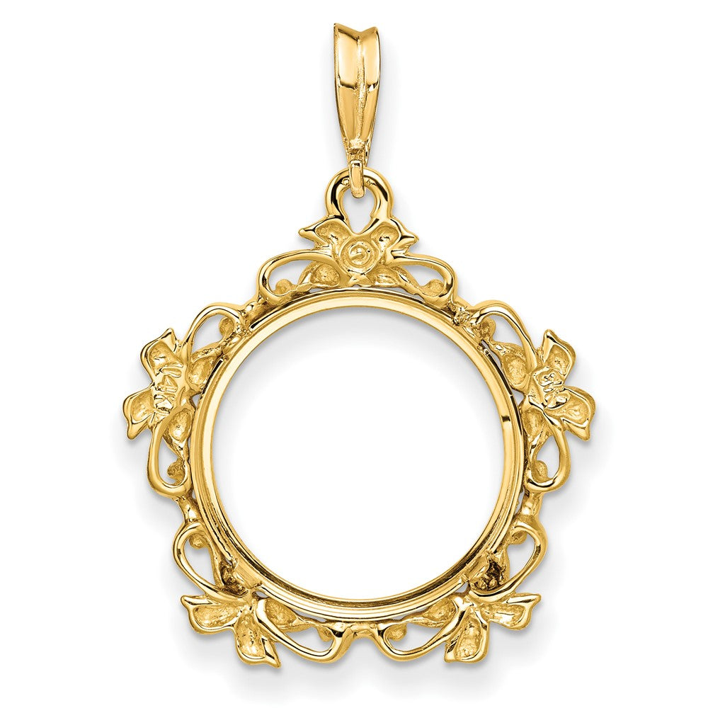 Wideband Distinguished Coin Jewelry 14k Polished Flower Blossom 16.5mm Prong Coin Bezel Pendant