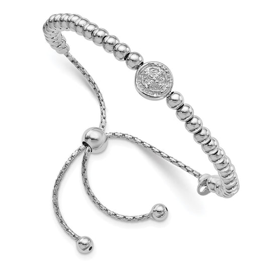 Sterling Silver RH-plated Beaded Saint Medal 5in to 8.25in Bracelet 9 inches