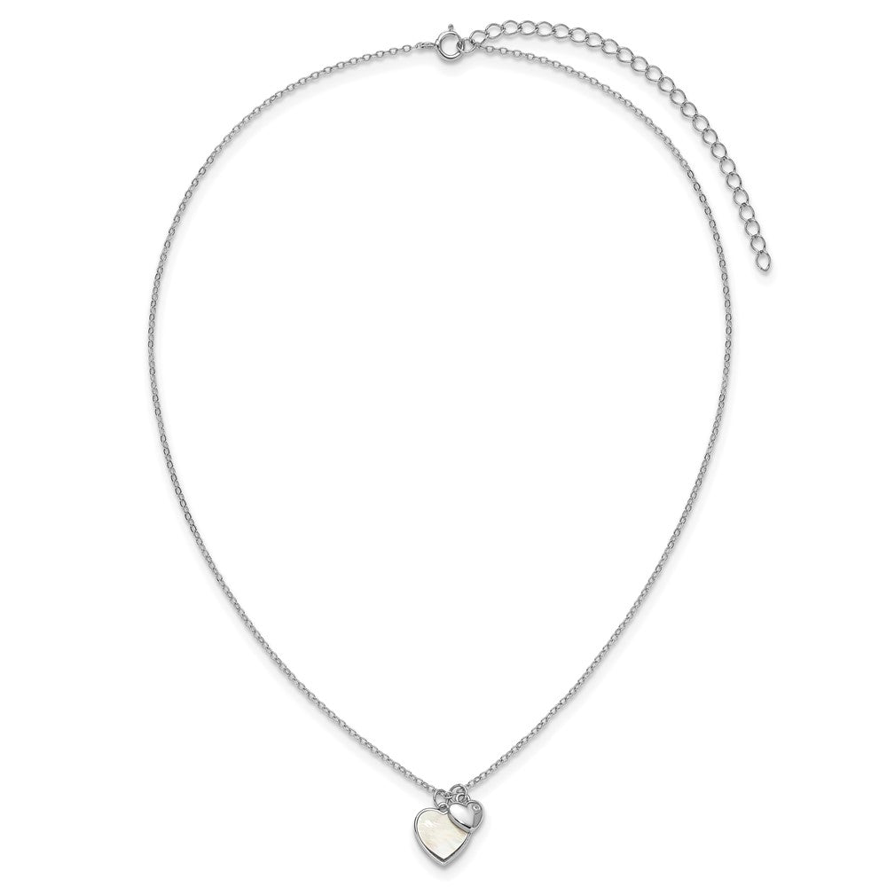Sterling Silver Rhodium-plated Polished Mother of Pearl and CZ Hearts 14 Inch with 3 Inch Extension Children's Necklace 14 Inches