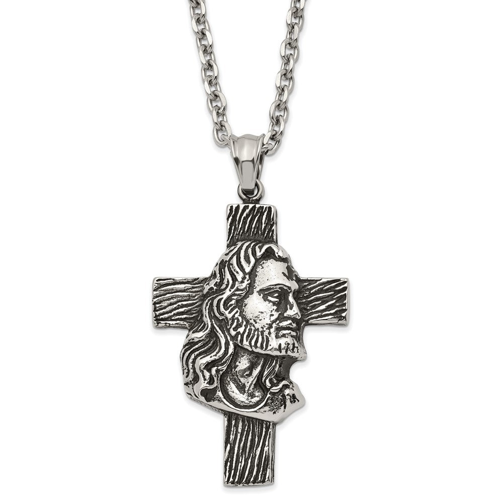Stainless Steel Antiqued and Polished Jesus Cross Necklace