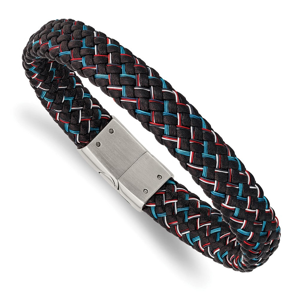 Stainless Steel Polished Black Leather w/Multi-color Wire 8.25in Bracelet 8.25 inches