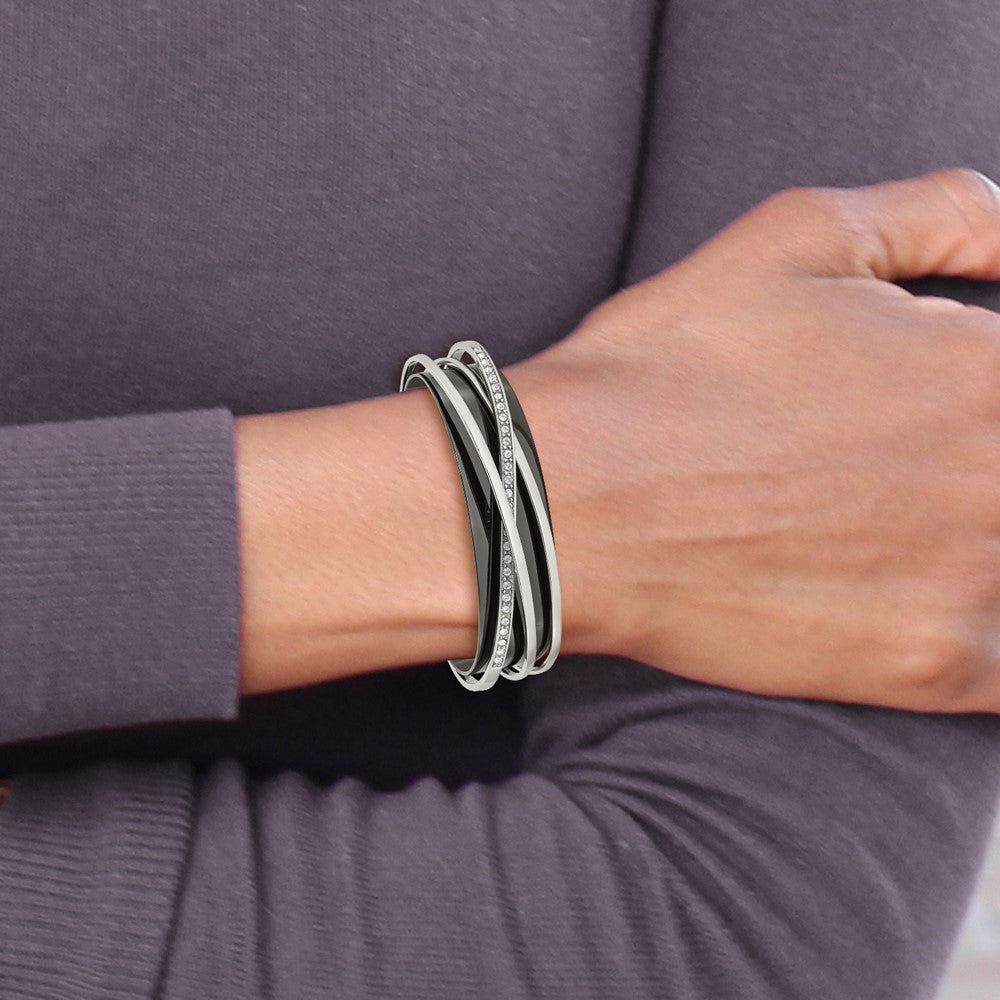 Stainless Steel Polished Black IP-plated w/Swarovski Layered Cuff Bangle 6.5 inches