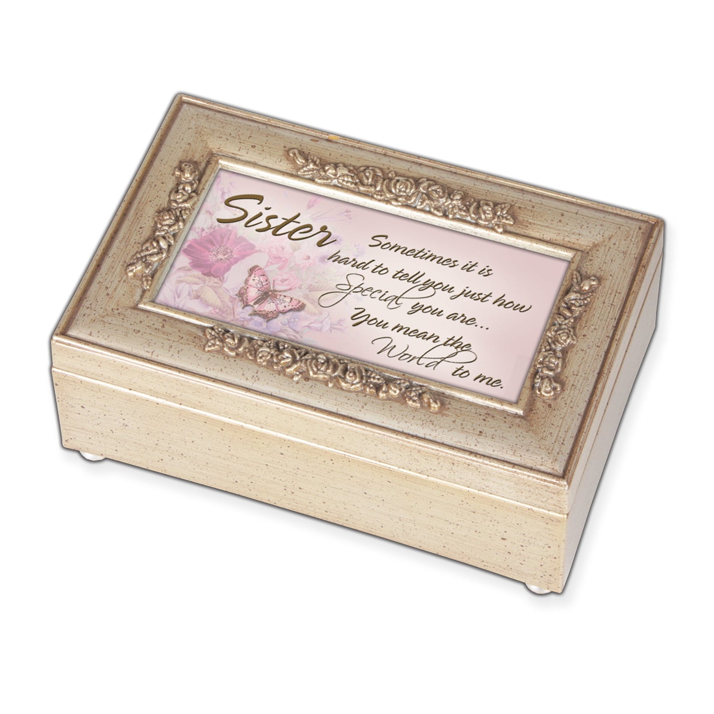 Woodgrain Champ. Silver Petite Rose Sister Music Box GM11616