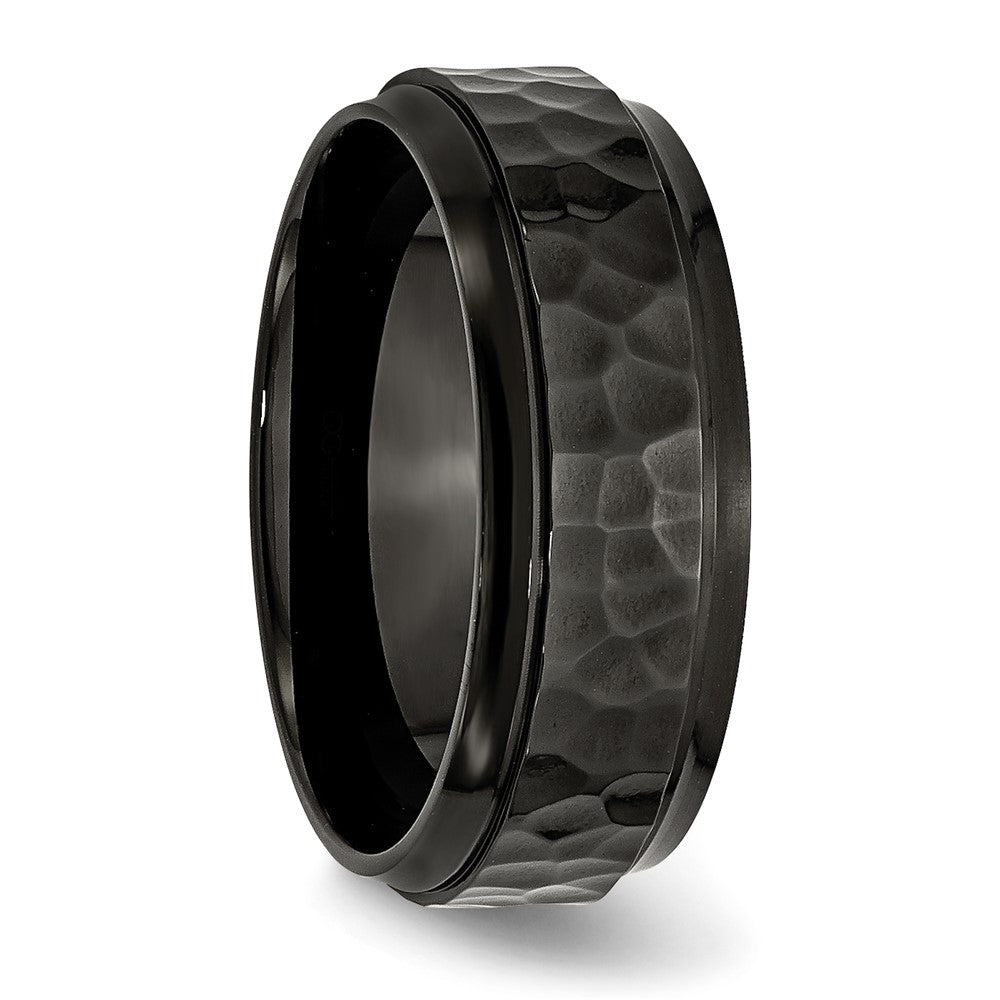 Stainless Steel Polished/Hammered Black IP-plated 8mm Beveled Edge Band Size - 11.5