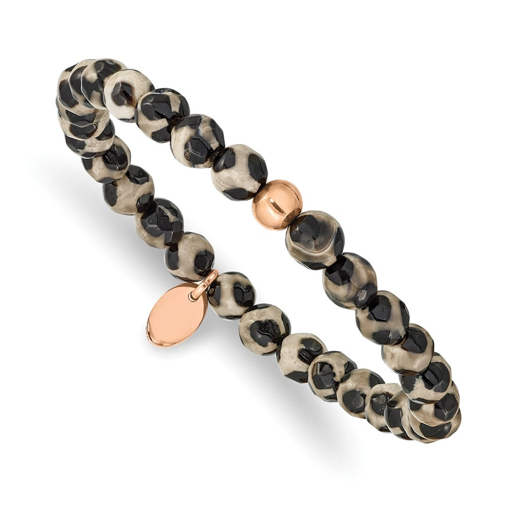 Stainless Steel Polished Rose IP Black and White Agate Stretch Bracelet 6.25 inches