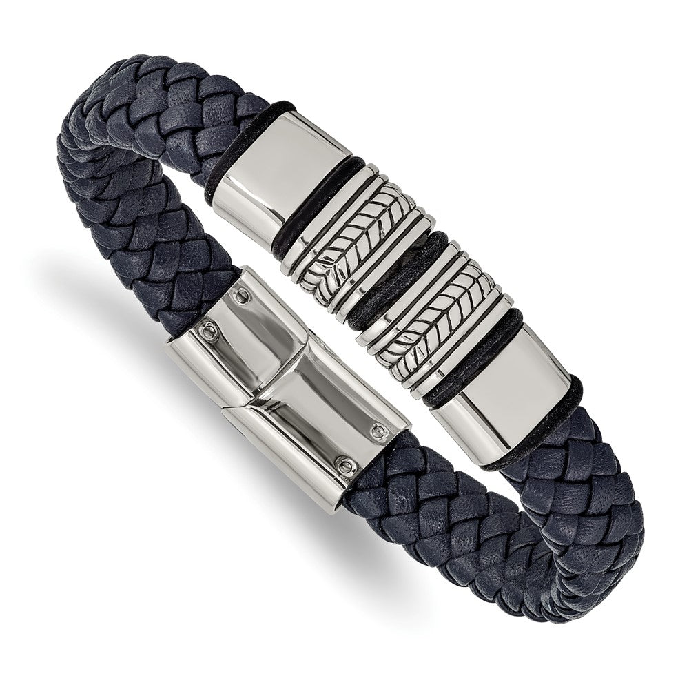 Stainless Steel Antiqued & Polished Blue Leather w/Silicone 8.25in Bracelet 8.25 inches