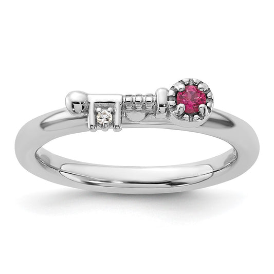 Sterling Silver Stackable Expressions Rhodium-plated Pink Tourmaline and White Topaz Key Ring Size -8