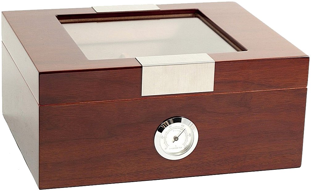 Bey-Berk International C411 Lacquered Cigar Humidor with Spanish Cedar Lining & Glass See-thru Lid - Walnut Wood