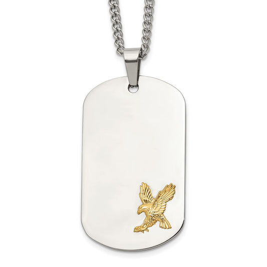 Chisel Stainless Steel Polished with 14K Gold Accent Eagle Dog Tag on a 24 inch Curb Chain Necklace