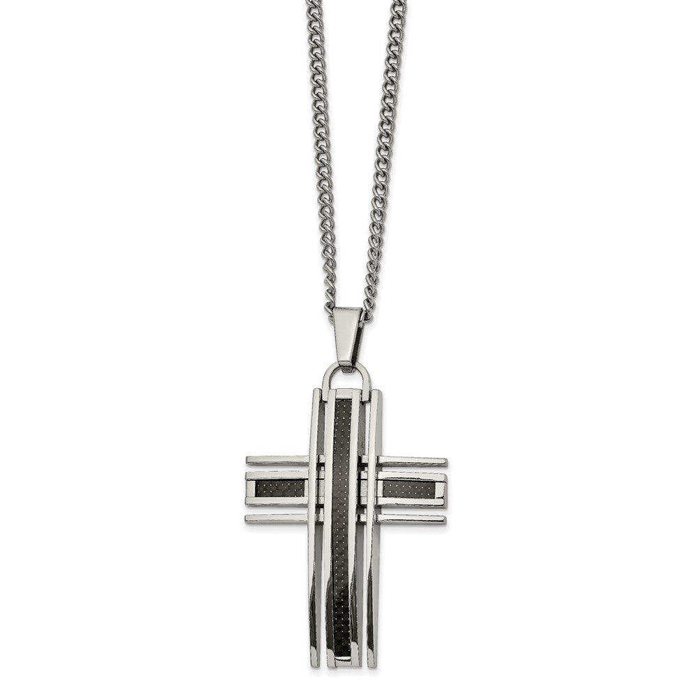 Stainless Steel Polished w/Black Carbon Fiber Inlay Cross 24in Necklace