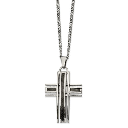 Stainless Steel Polished w/Black Carbon Fiber Inlay Cross 24in Necklace