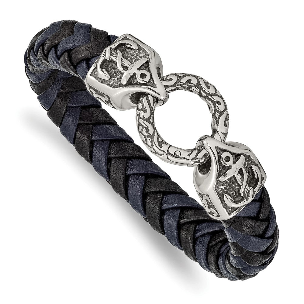 Stainless Steel Antiqued and Polished Black/Blue Leather 8.25in Bracelet 8.25 inches