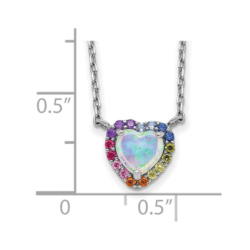 Sterling Silver Rhodium-plated 16 inch Lab Created Opal and Colorful CZ Heart Necklace with 2 inch Extender 16 Inches