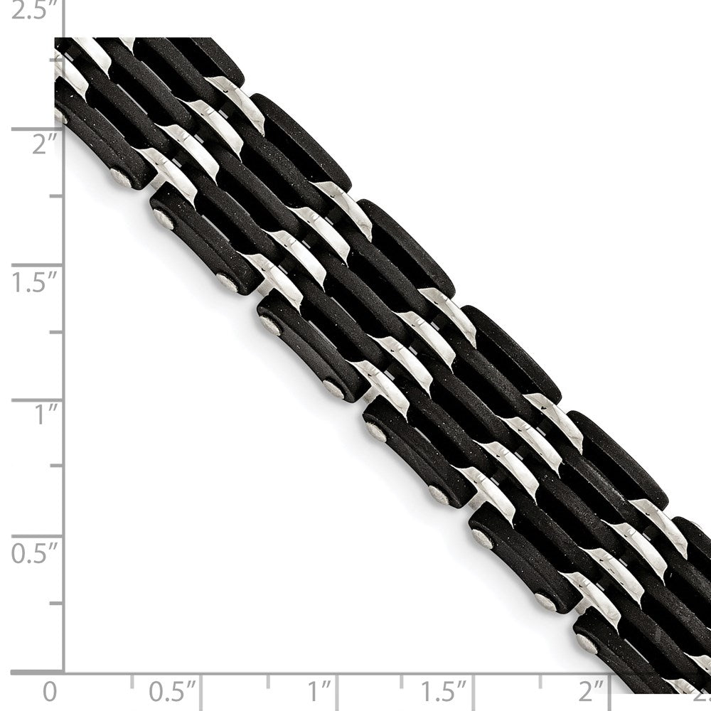 Stainless Steel Polished with Black Rubber 8.25in Bracelet 8.25 inches