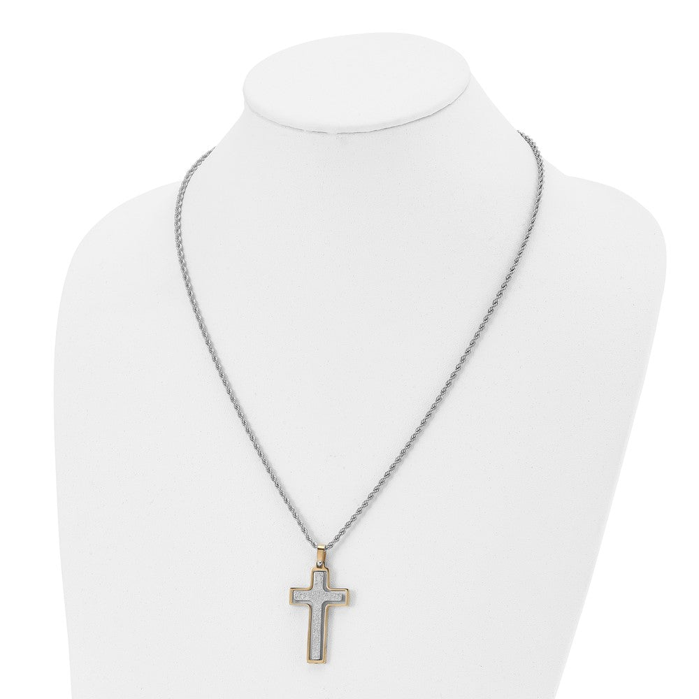 Stainless Steel Polished Yellow IP Laser Cut Moveable Cross Necklace