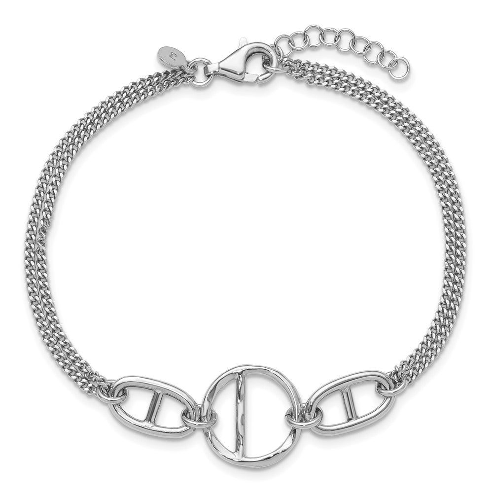 SS Rh-plated Polished 2-strand w/Link Accent w/1in ext. Bracelet 8.5  inches