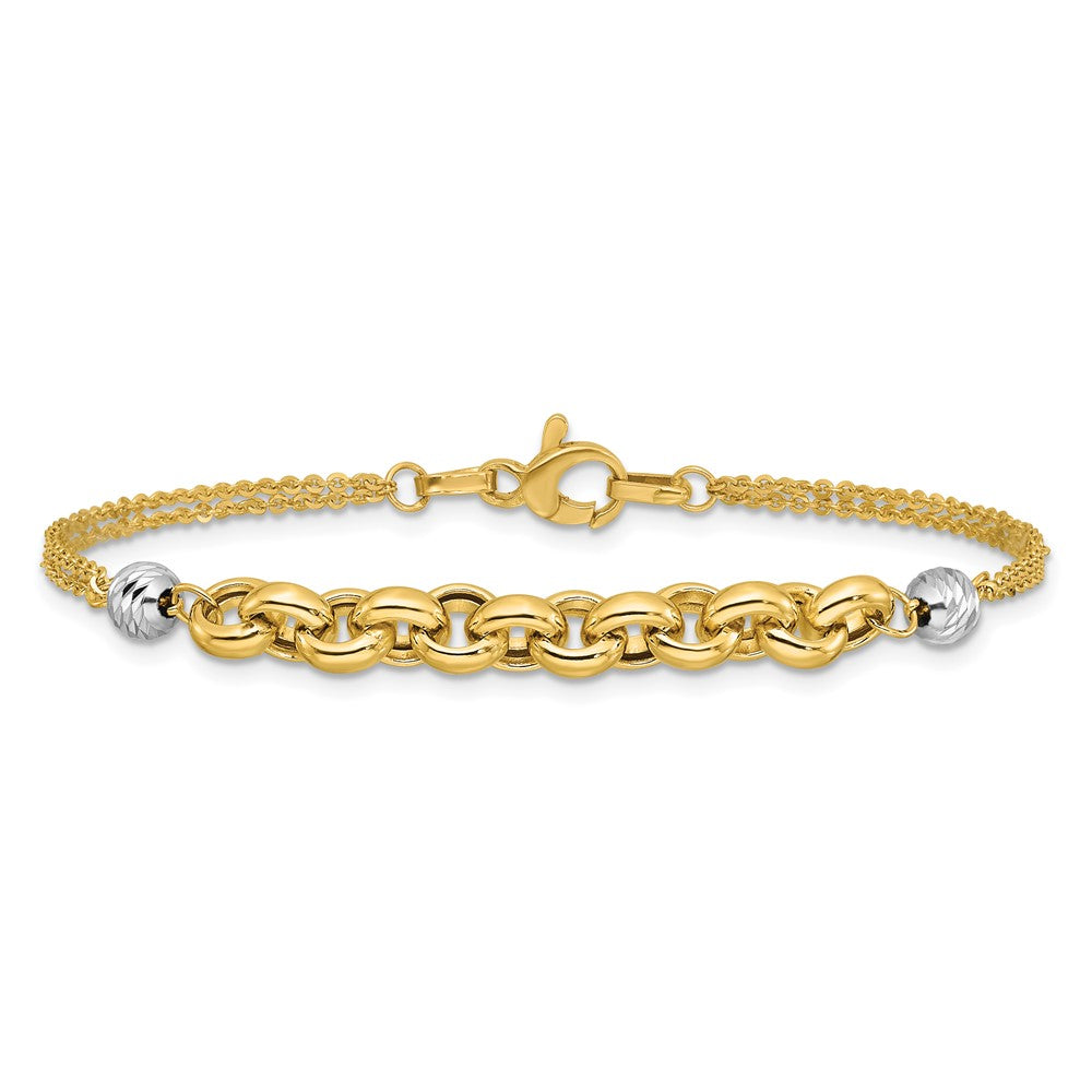 14K w/White Rhodium Polished D/C 2-Strand Rolo Link Bracelet 7.5  inches