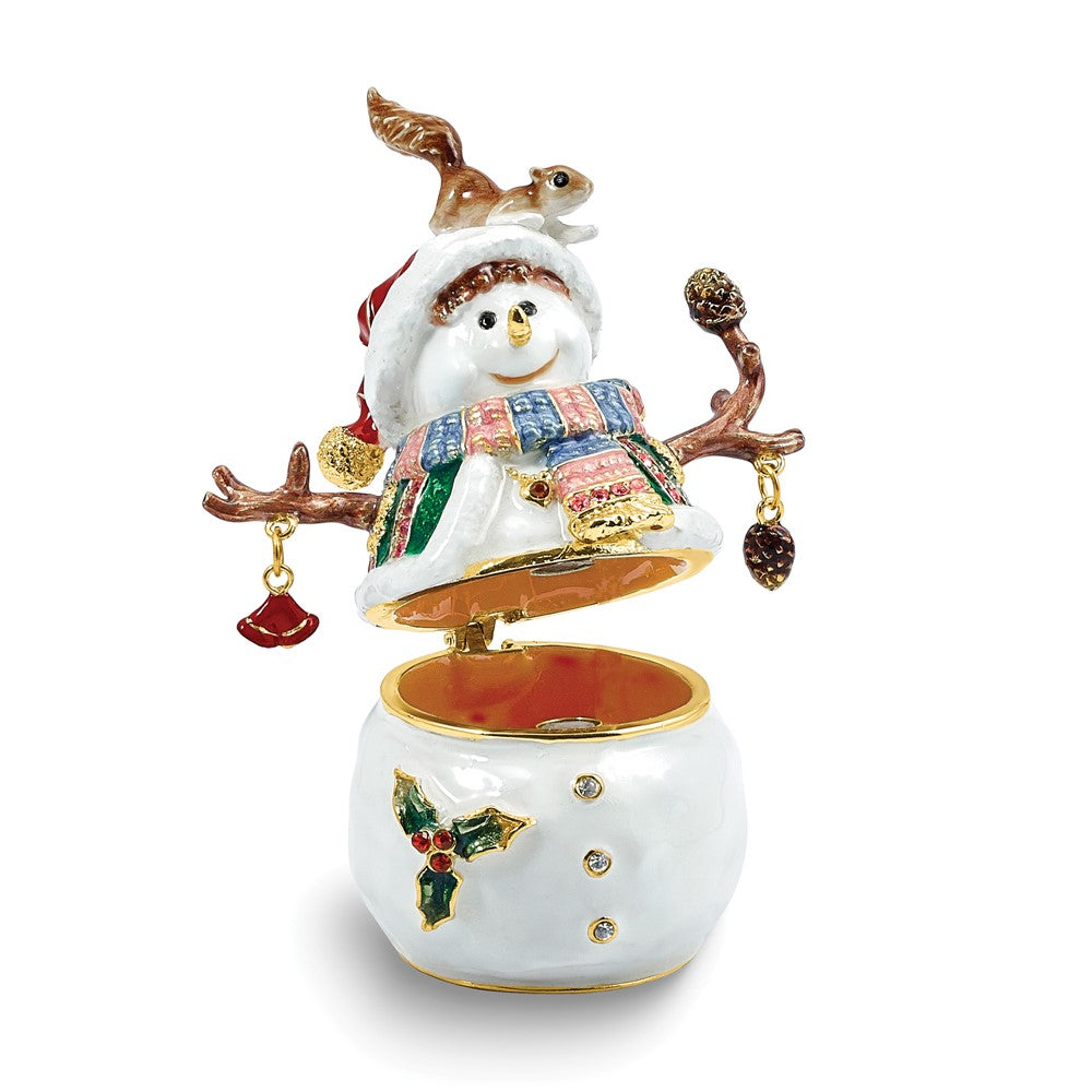 Luxury Giftware by Jere Bejeweled FROSTY FREDDIE Snowman with Squirrel Trinket Box with Matching 18 inch Necklace