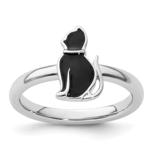 Sterling Silver Stackable Expressions Black Enameled Cat Ring Size -5