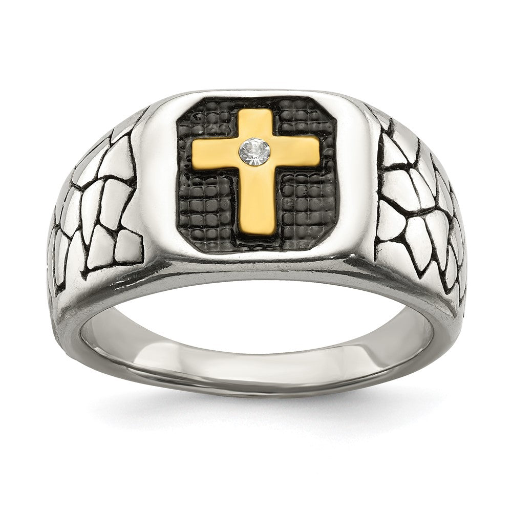 Stainless Steel Antiqued & Polished Yellow IP-plated w/Crystal Cross Ring Size - 9