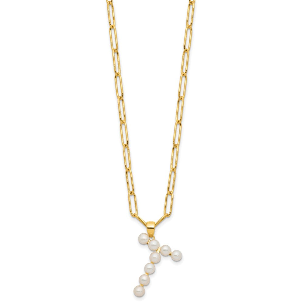 Sterling Silver Gold-plated 3-5.5mm White Button Freshwater Cultured Pearl LETTER T 18 inch Necklace