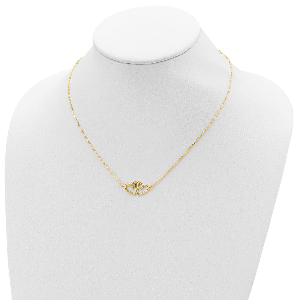 Sterling Silver Gold-tone Polished Two Hearts CZ Necklace 18 Inches