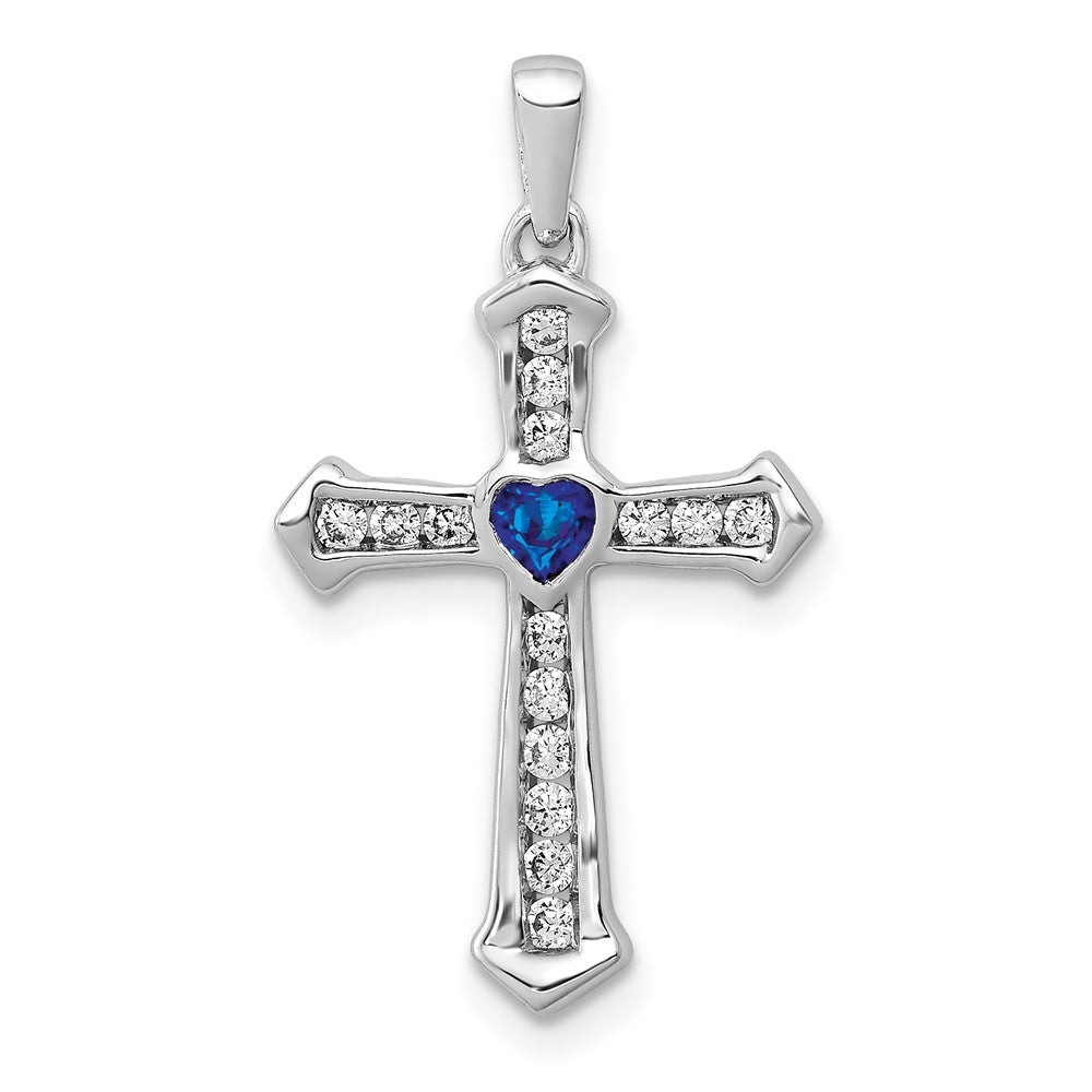 14k White Gold 1/5 carat Lab Grown Diamond VS/SI+ G+ and Lab Created Blue Sapphire Cross Pendant