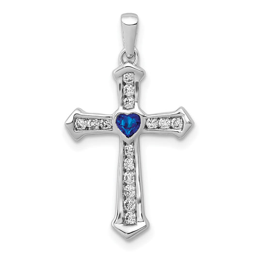 14k White Gold 1/5 carat Lab Grown Diamond VS/SI+ G+ and Lab Created Blue Sapphire Cross Pendant