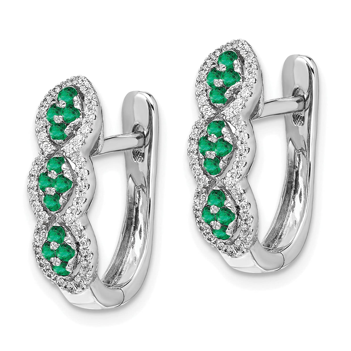 14k White Gold Emerald Cluster and Diamond Hinged Hoop Earrings