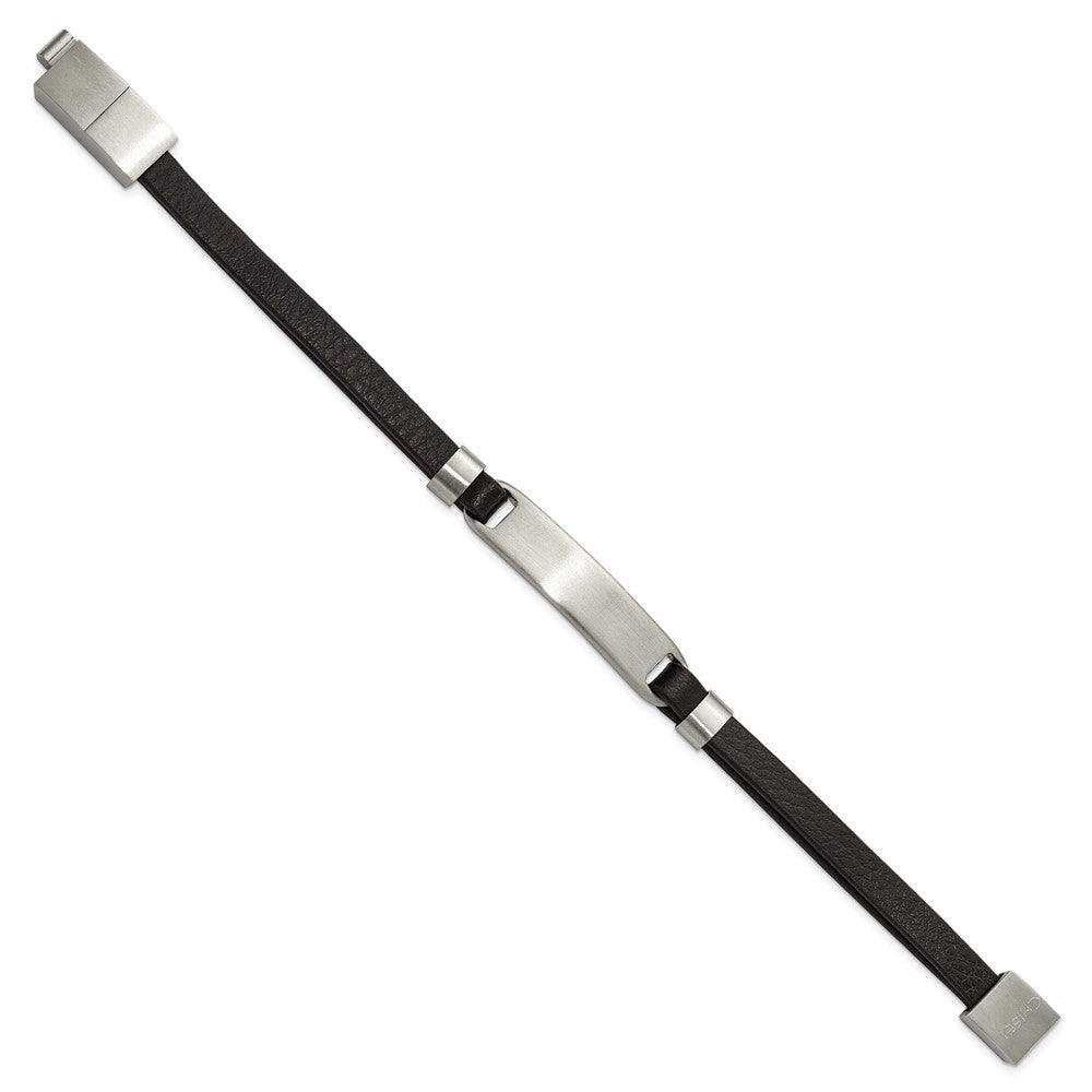 Stainless Steel Brushed Black Leather 8in w/ .5in ext. ID Bracelet 8 inches