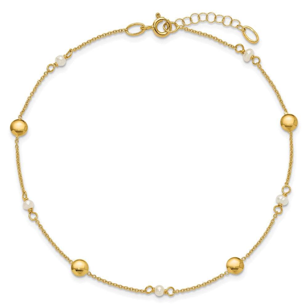 14K Polished FWC Pearl and Circles 9in Plus 1in ext. Anklet