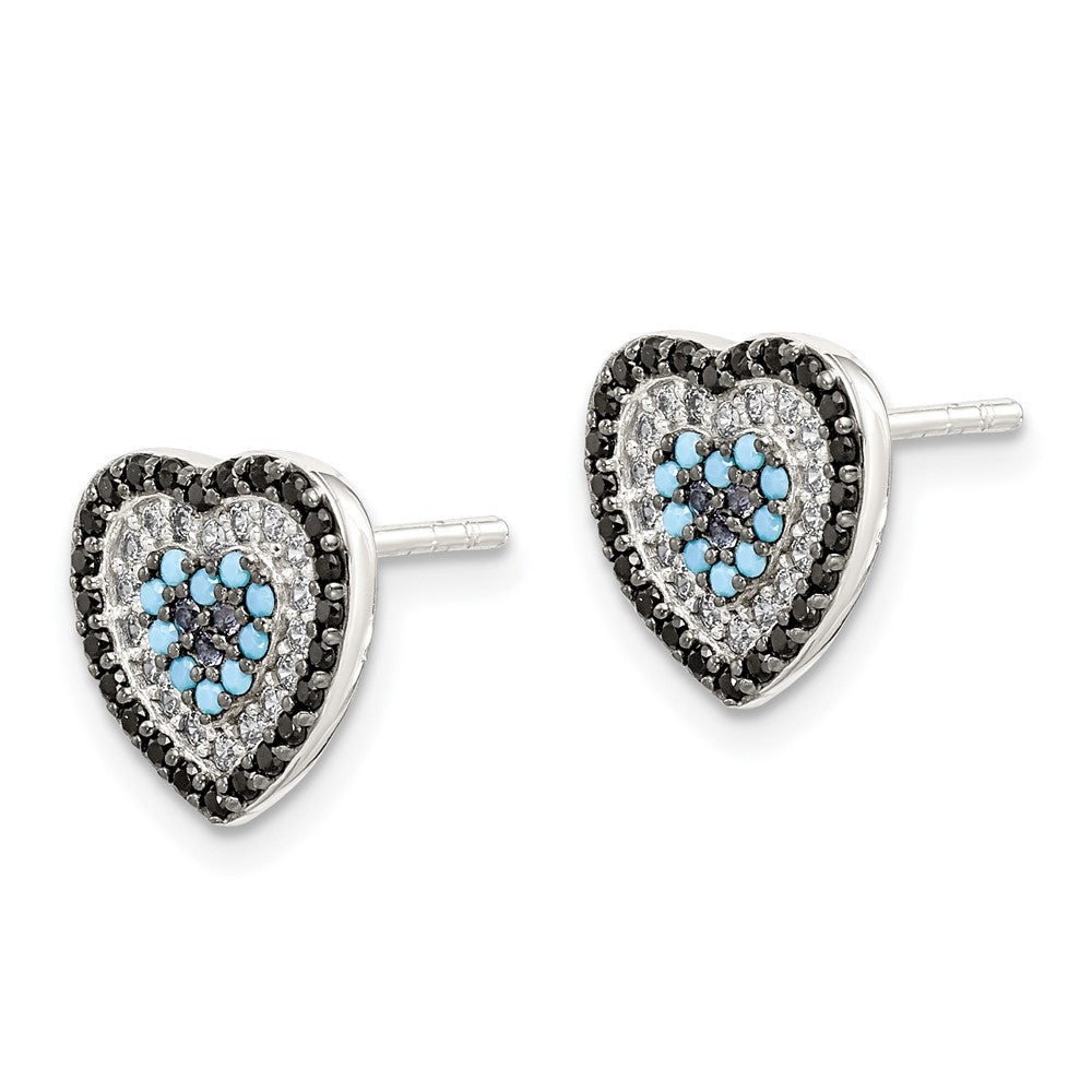 Sterling Silver Black, White & Blue CZ Heart Post Earrings