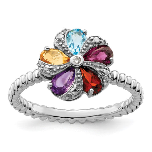 Sterling Silver Stackable Expressions Gemstone & Diamond Ring Size -5