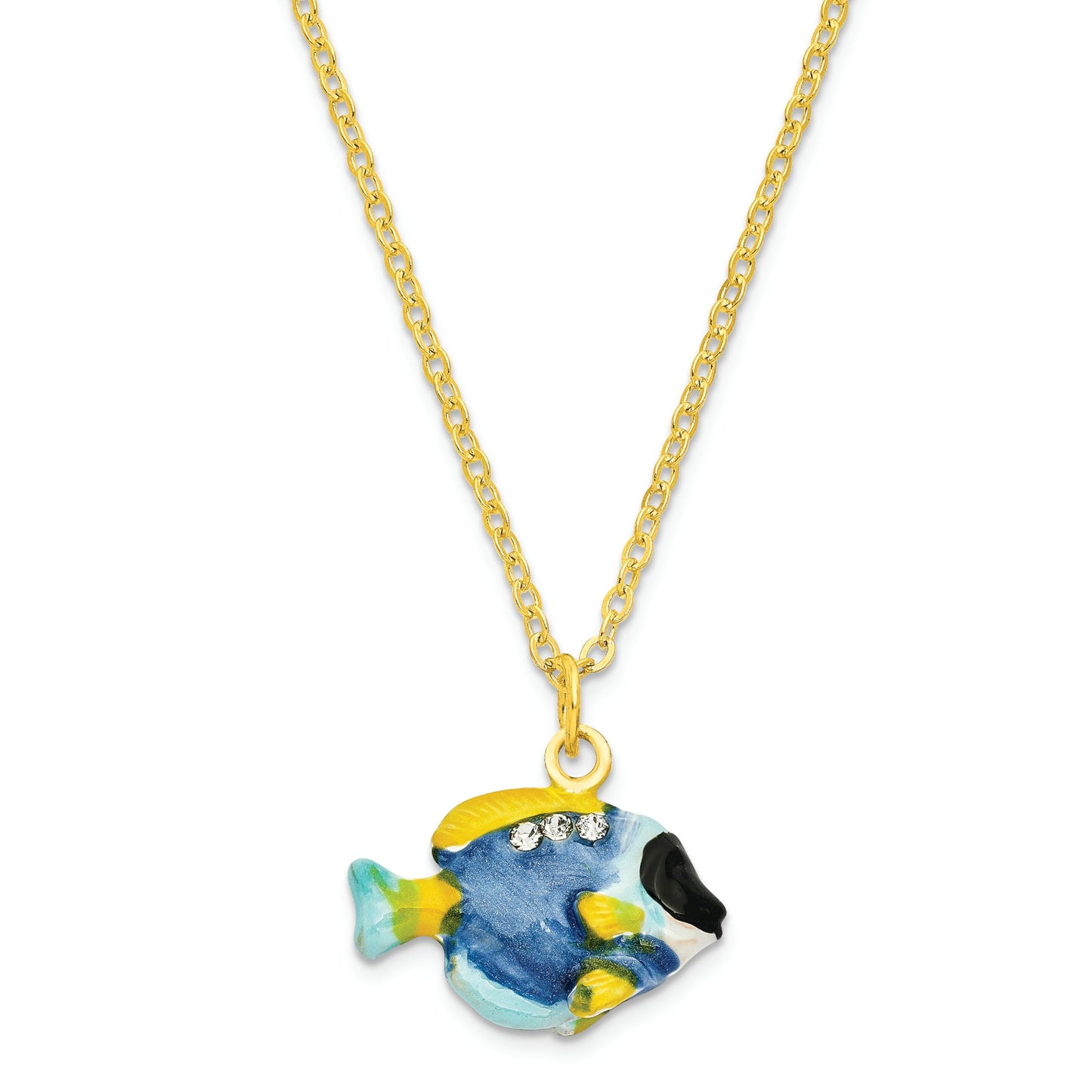 Luxury Giftware by Jere Pewter Bejeweled Crystals Gold-tone Enameled BLAKE Blue Tang Fish Trinket Box with Matching 18 Inch Necklace QBJ3058