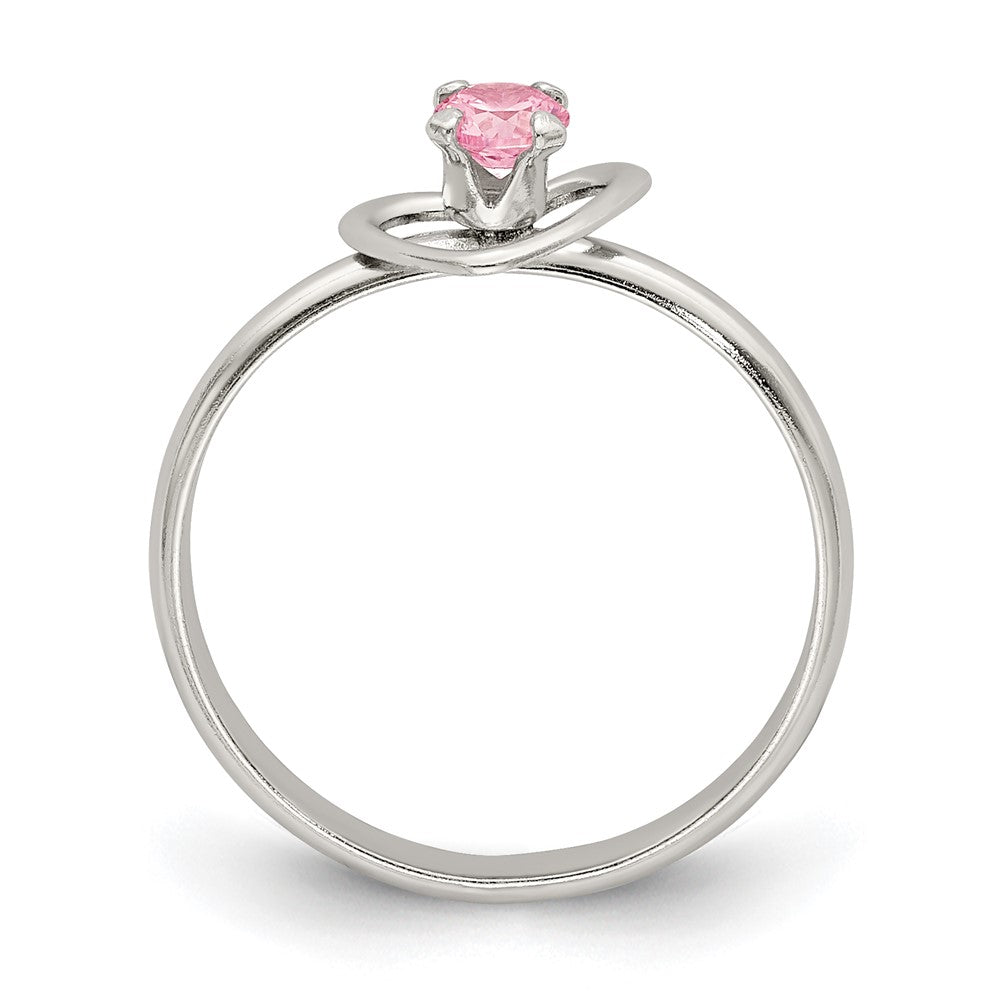 Sterling Silver Polished Pink CZ Heart Children's 15in Necklace, Size 3 Ring & Post Earrings Set