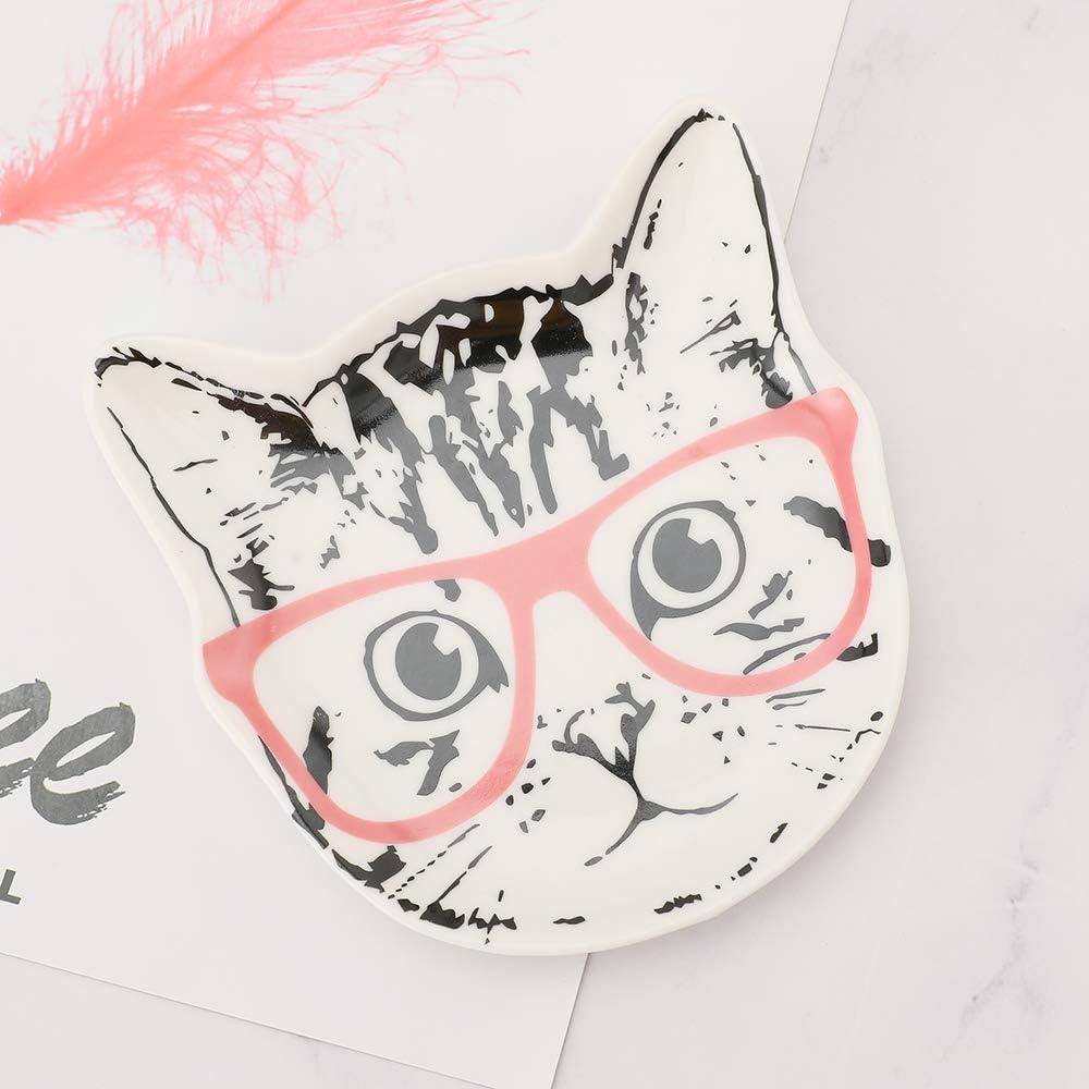 Cat with Pink Glasses Ceramic Trinket Plate and Decorative Jewelry Dish