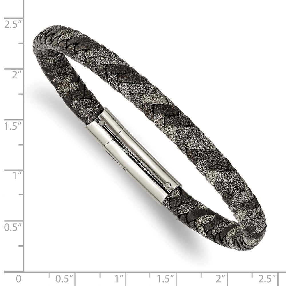 Stainless Steel Polished Black and Grey Braided Leather 8.25in Bracelet 8.25 inches