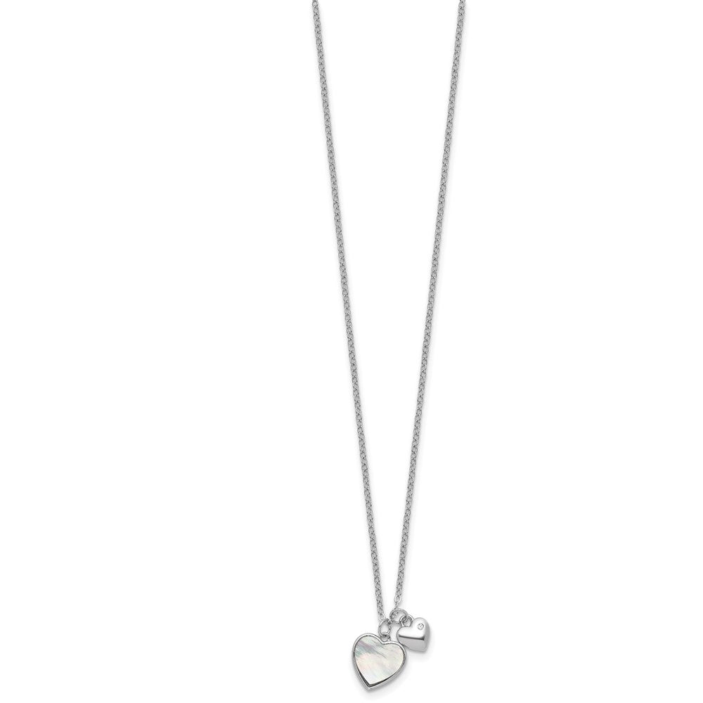Sterling Silver Rhodium-plated Polished Mother of Pearl and CZ Hearts 14 Inch with 3 Inch Extension Children's Necklace 14 Inches