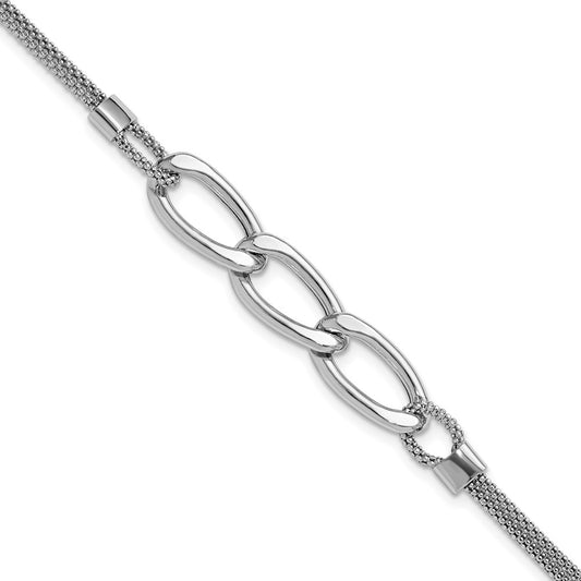 Sterling Silver Rh-plat Polished Multi-Strand w/1in ext. Bracelet 8  inches