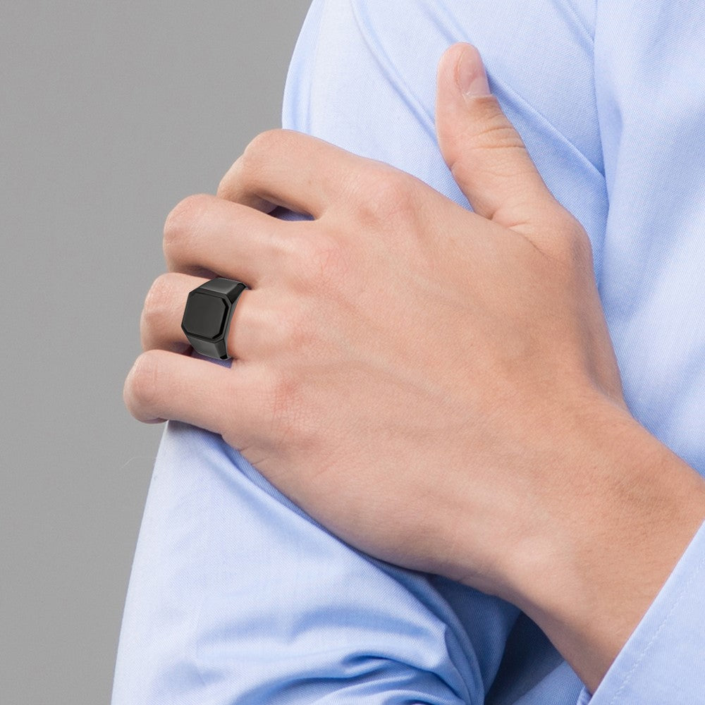 Stainless Steel Polished Black IP-plated Signet Ring Size - 12