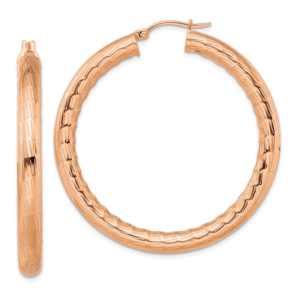 Stainless Steel Polished and Textured Rose IP-plated Hoop Earrings