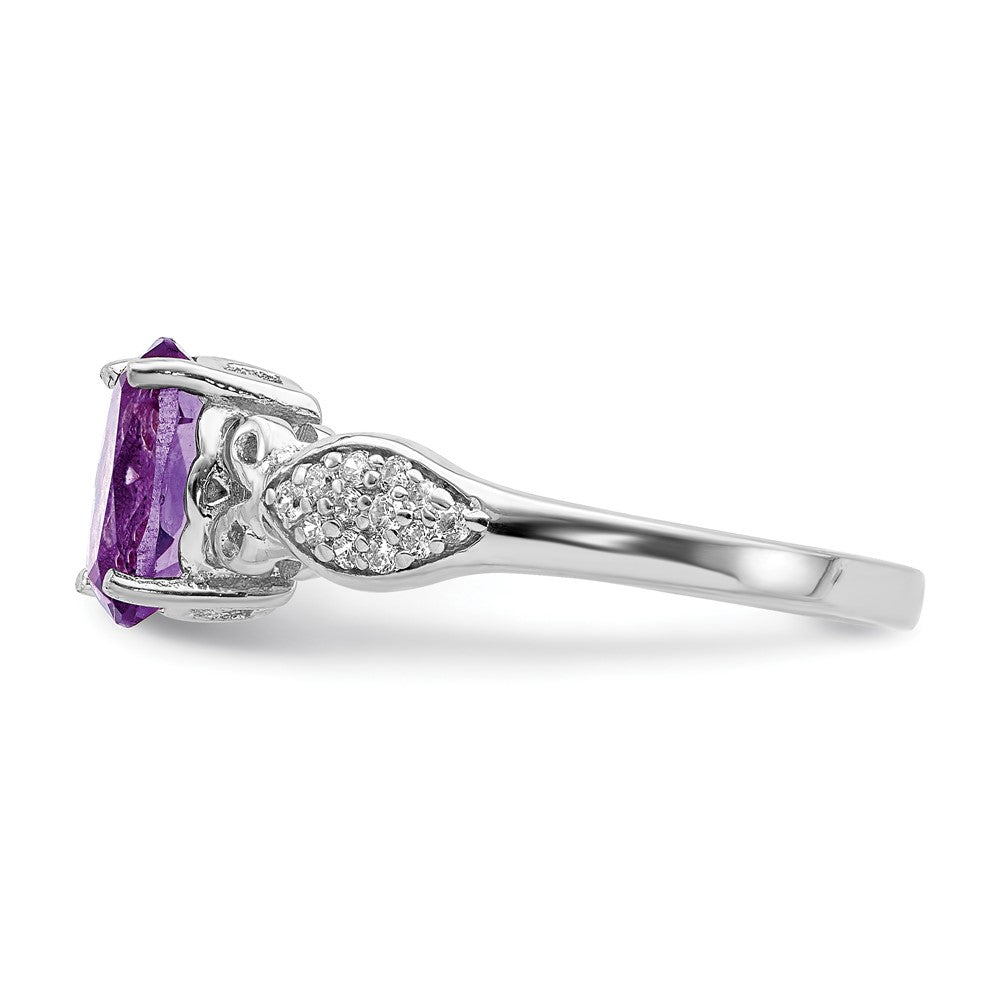 Sterling Silver Rhod-plated Polished Amethyst and White CZ Ring