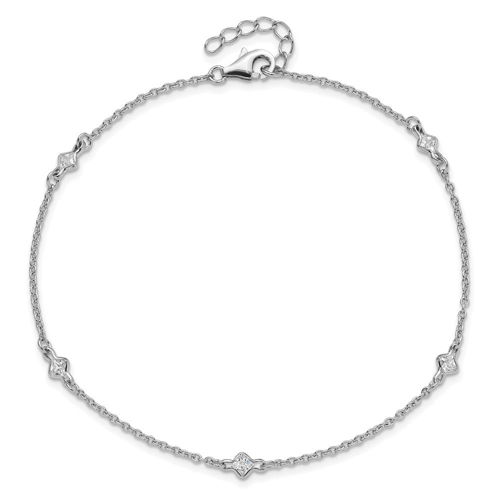 Sterling Silver Rhodium-plated 9in Plus 1in Ext. 5 Station CZ Anklet 9 inches