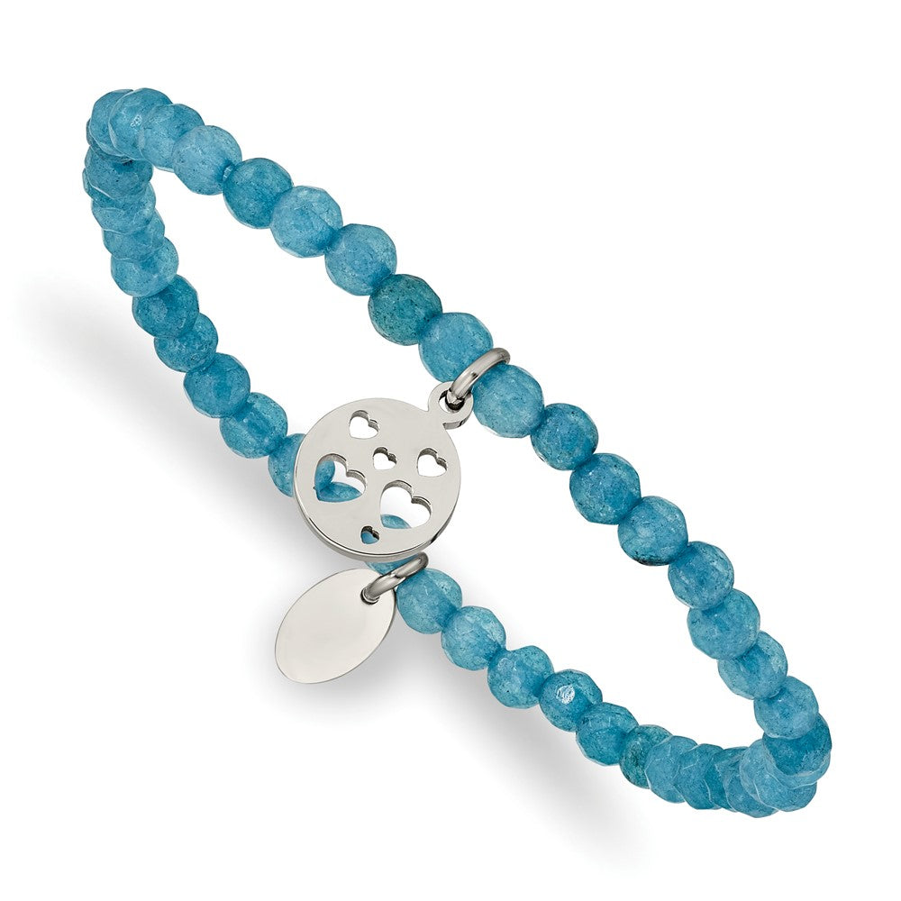 Stainless Steel Polished Hearts Blue Jade Beaded Stretch Bracelet 6.25 inches