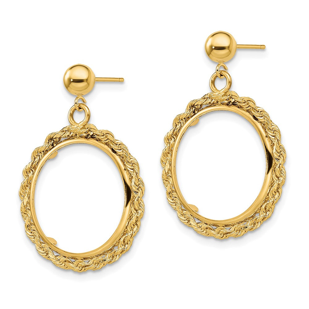 Wideband Distinguished Coin Jewelry 14k Polished Rope 16.5mm Prong Coin Bezel Post Dangle Earrings