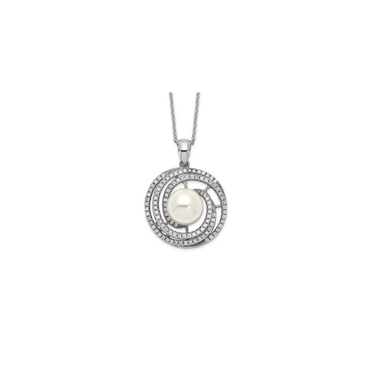 Sterling Silver Majestik Rh-plated 10-11mm Imitat Shell Pearl CZ Necklace