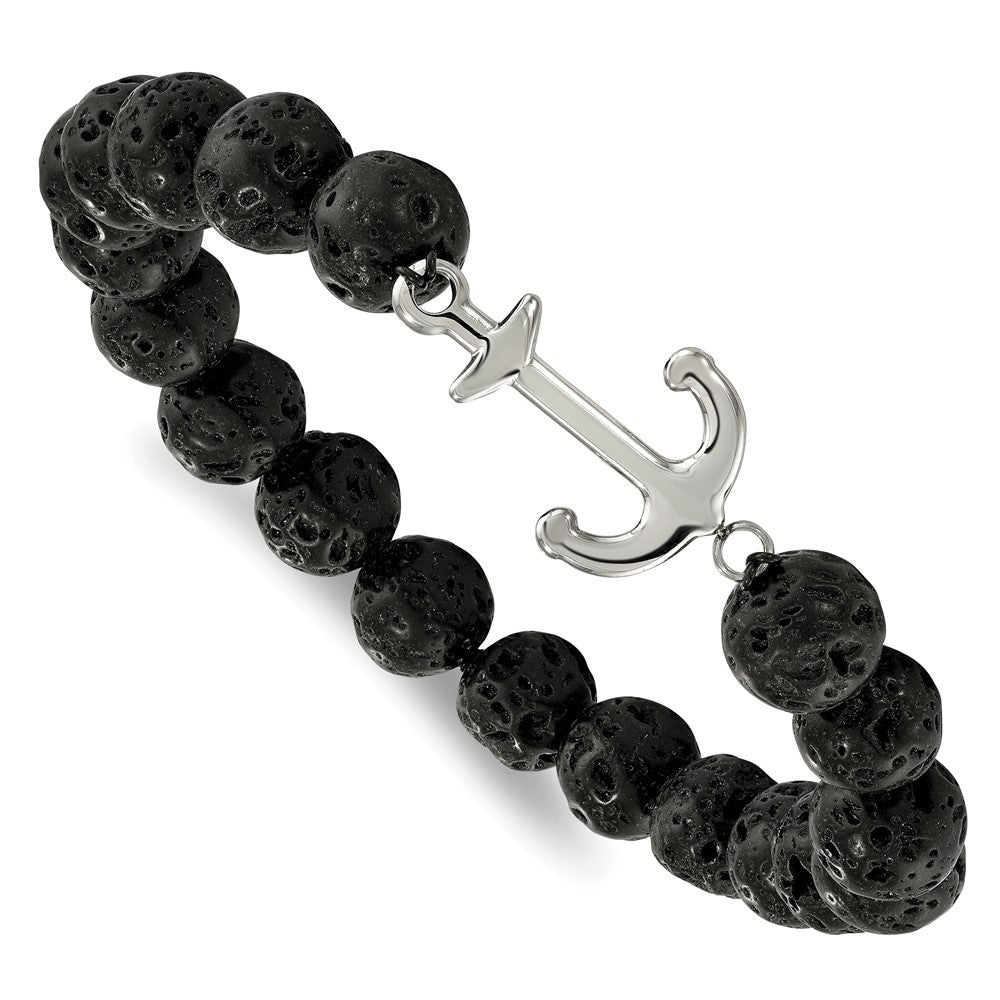 Stainless Steel Polished with Black Lava Stone Anchor Stretch Bracelet 7 inches